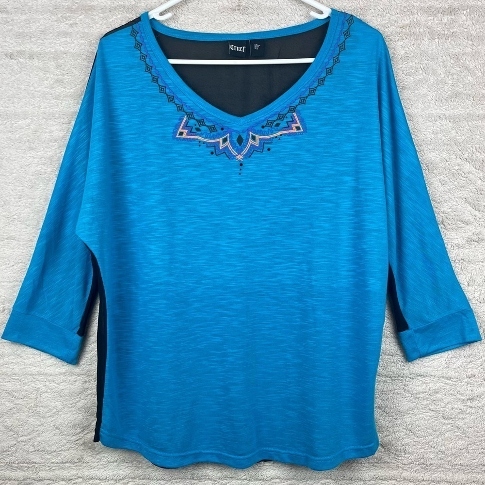 CRUEL Southwestern Top Large Sheer Back Aqua Blue 3/4 Sleeve Aztec Cowgirl